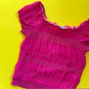 Vintage 90s Hot Pink Smocked Short Sleeve Off the Shoulder Short Sleeve Blouse